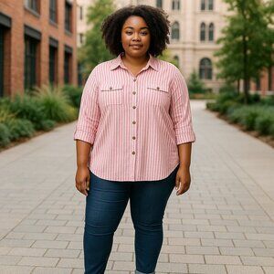 Vintage Chic Comfort Collection Button Down Striped Blouse Plus size 1X Beachy